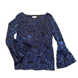 Charter Club Blk & Blue Floral Top 💙 Long‑Sleeve Flare Sleeve Blouse 🖤 Size PM